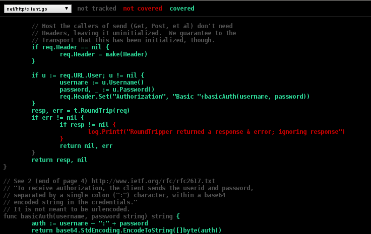 Screenshot of go tool coverage HTML output